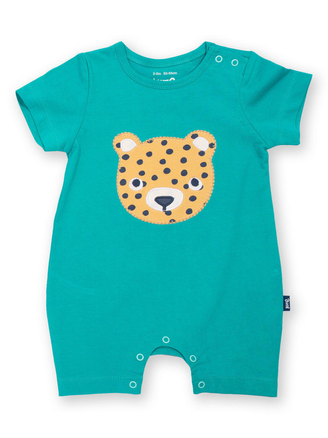Enterito Amigo Leopardo de algodón orgánico, color aquamarina con apliqué de leopardo cachorro y broches Popper.
