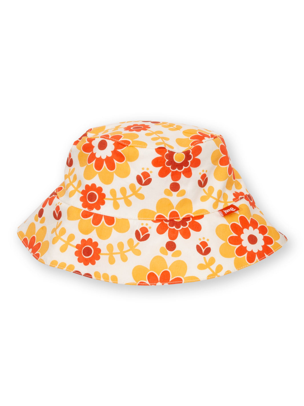 Sombrero de algodón orgánico en color amarillo cálido con estampado de flores retro, borde protector y tejido de muselina de doble capa.