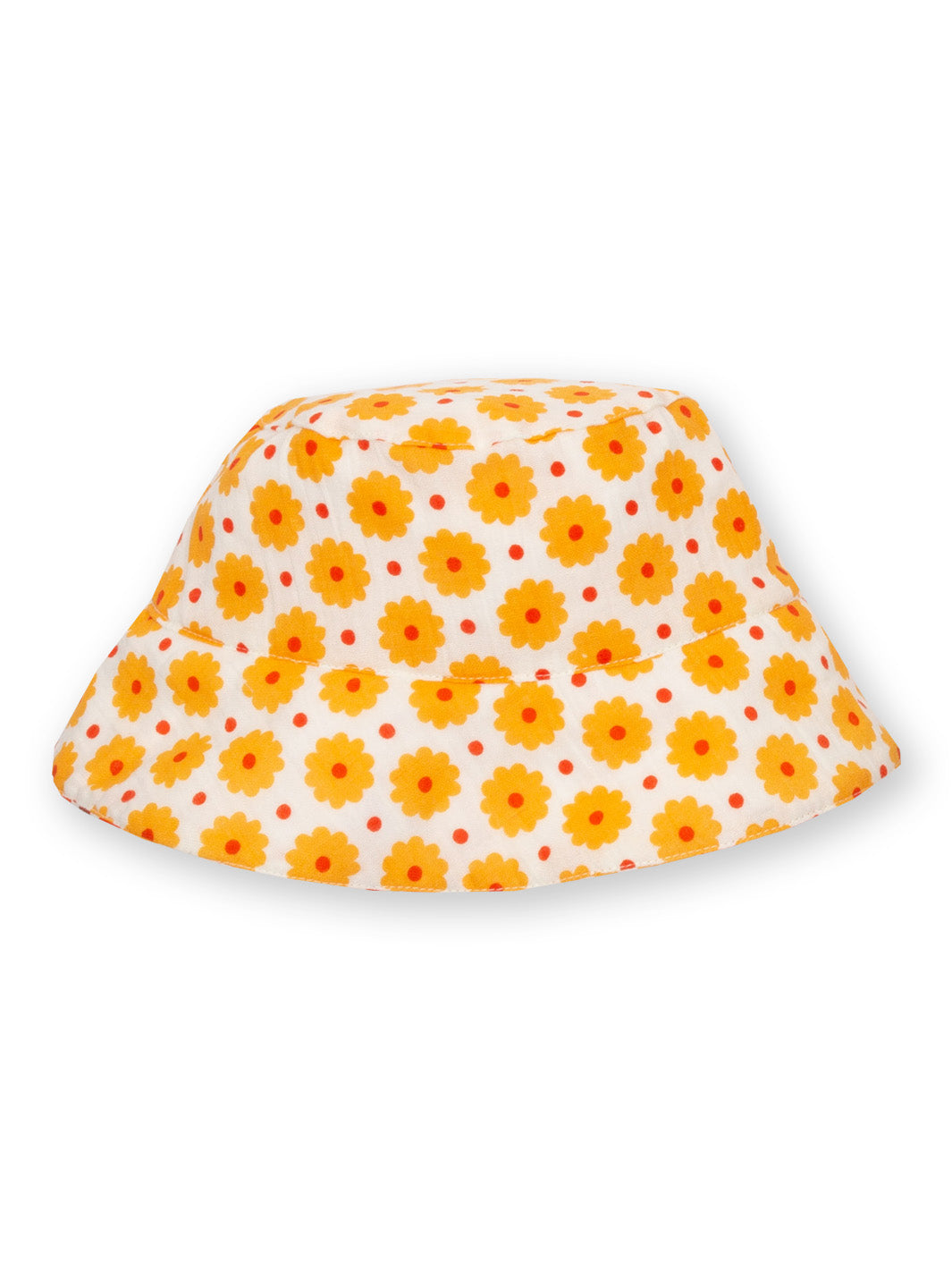 Sombrero de algodón orgánico en amarillo cálido con estampado de lunares maravillosos, borde amplio para mayor protección solar.