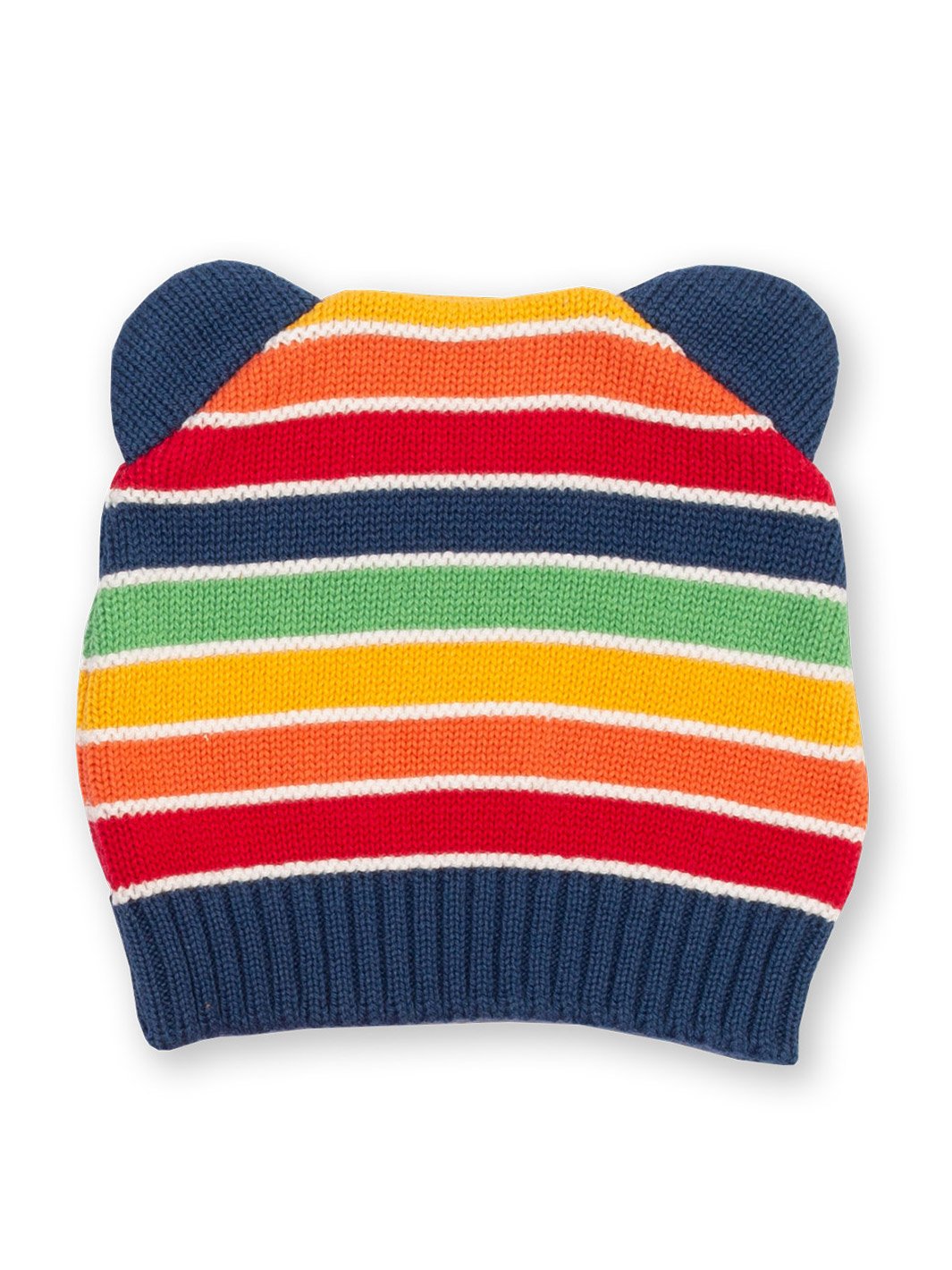 Gorro tejido de algodón orgánico con rayas de arcoíris y orejas en 3D. Diseño colorido y cálido, ideal para días fríos.