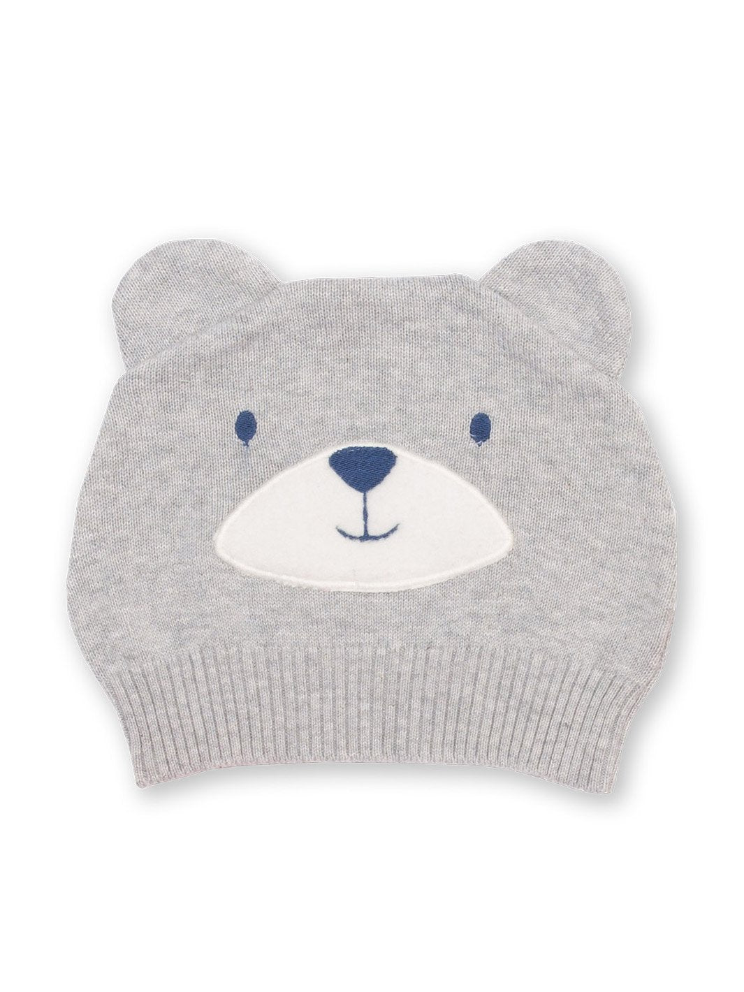 Gorro tejido gris jaspeado con apliqué de cara de nutria y orejas en 3D. Hecho de algodón orgánico, ideal para mantener abrigada a tu guagüita.