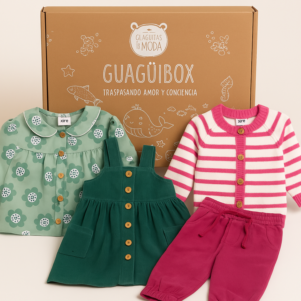 Guaguibox Preamada de 4 prendas para bebé niña, incluye blusa, jardinera, chaleco y pantalón de algodón orgánico en colores vibrantes. Caja de suscripción mensual de ropa infantil en Chile.