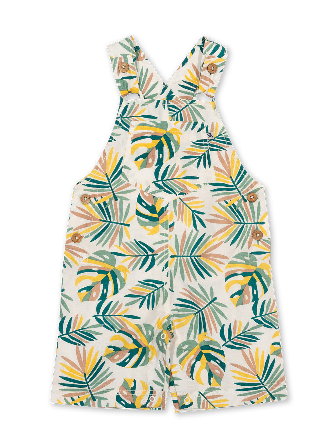 Jardinera Jungla de algodón orgánico, con estampado de la selva tropical, botones de coco y correas ajustables.