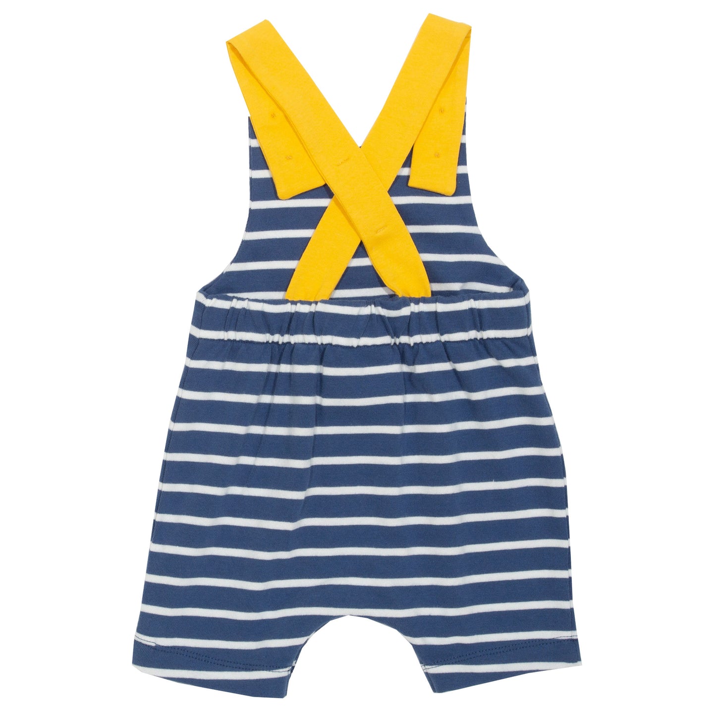 Vista trasera de la Jardinera Marinera de algodón orgánico con diseño a rayas azul marino y crema, mostrando los tirantes ajustables cruzados en color amarillo y el ajuste cómodo para bebés en movimiento.