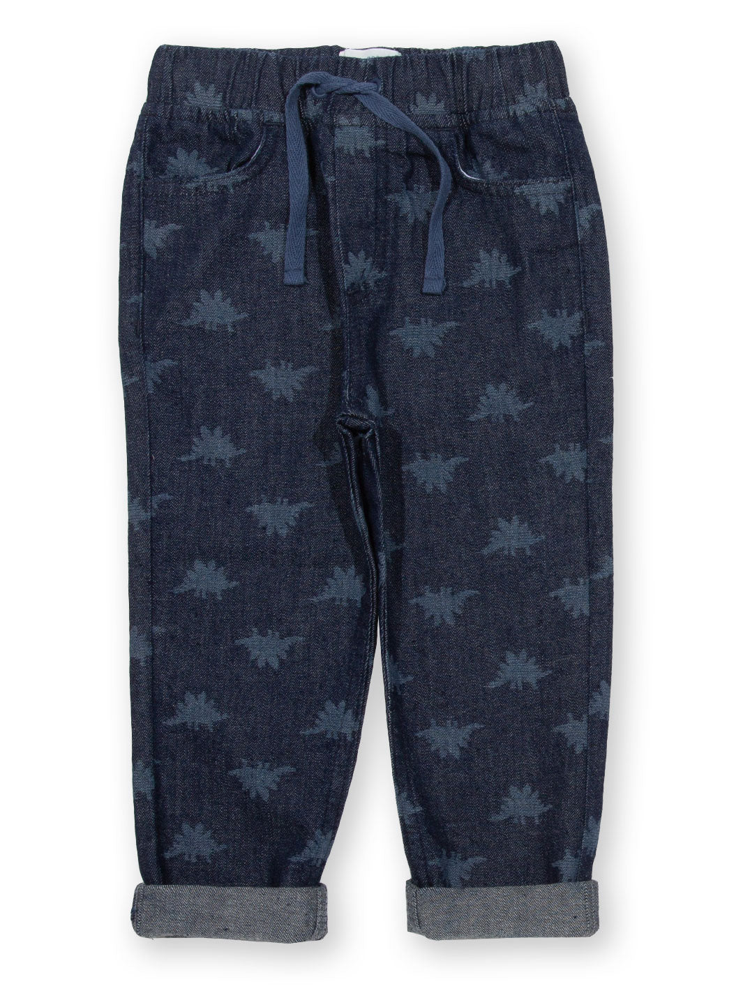Vista frontal de jeans estampados en mezclilla liviana, diseño de Steggie grabado en láser, con cintura elástica y lazos ajustables para mayor comodidad.