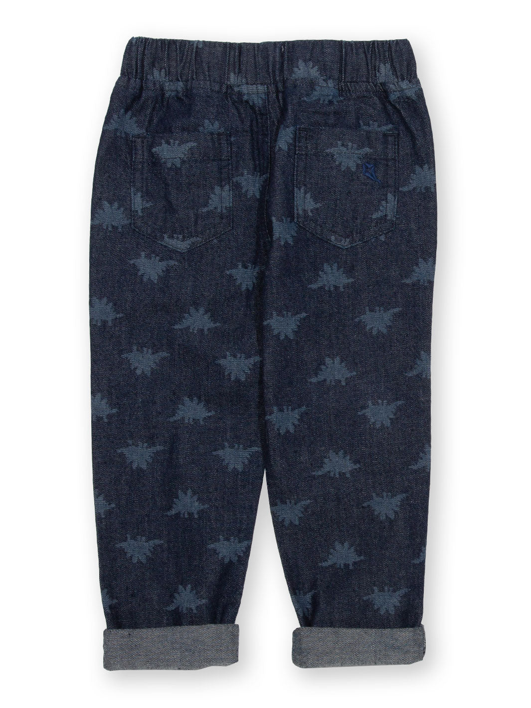 Vista trasera de jeans infantiles con estampado de soles sonrientes, confeccionados en algodón orgánico y con dobladillos volteados para un look moderno.