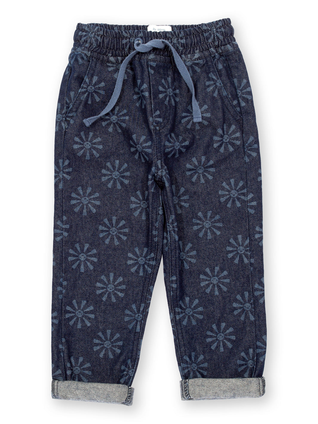 Vista frontal de jeans estampados unisex en mezclilla liviana con diseño grabado en láser de soles sonrientes cintura elástica y lazos ajustables para un ajuste cómodo.