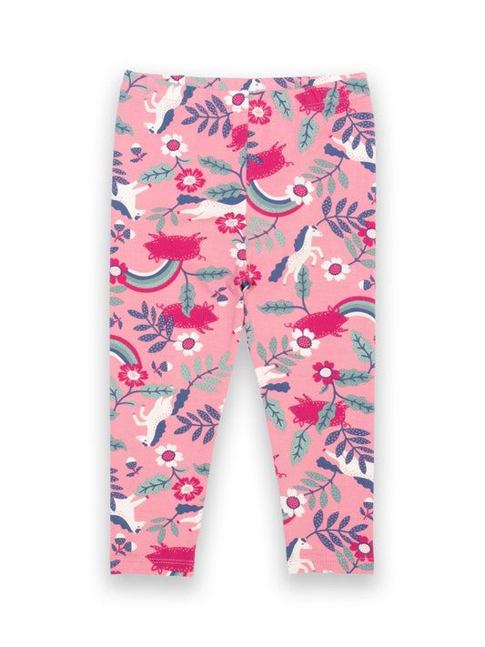 Leggings rosa bebé de algodón orgánico con estampado de ponys y cerditos, cintura elástica y diseño ajustado para máxima comodidad.