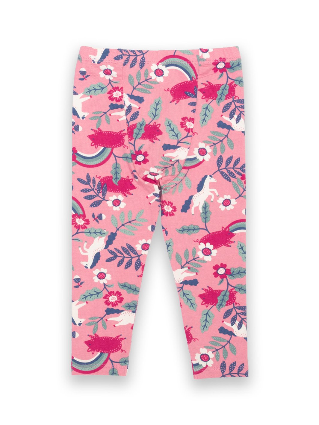 Parte trasera de leggings rosa bebé con estampado de ponys y cerditos, con panel especial para pañal hasta la talla 3 años, ideal para bebés y niñas.