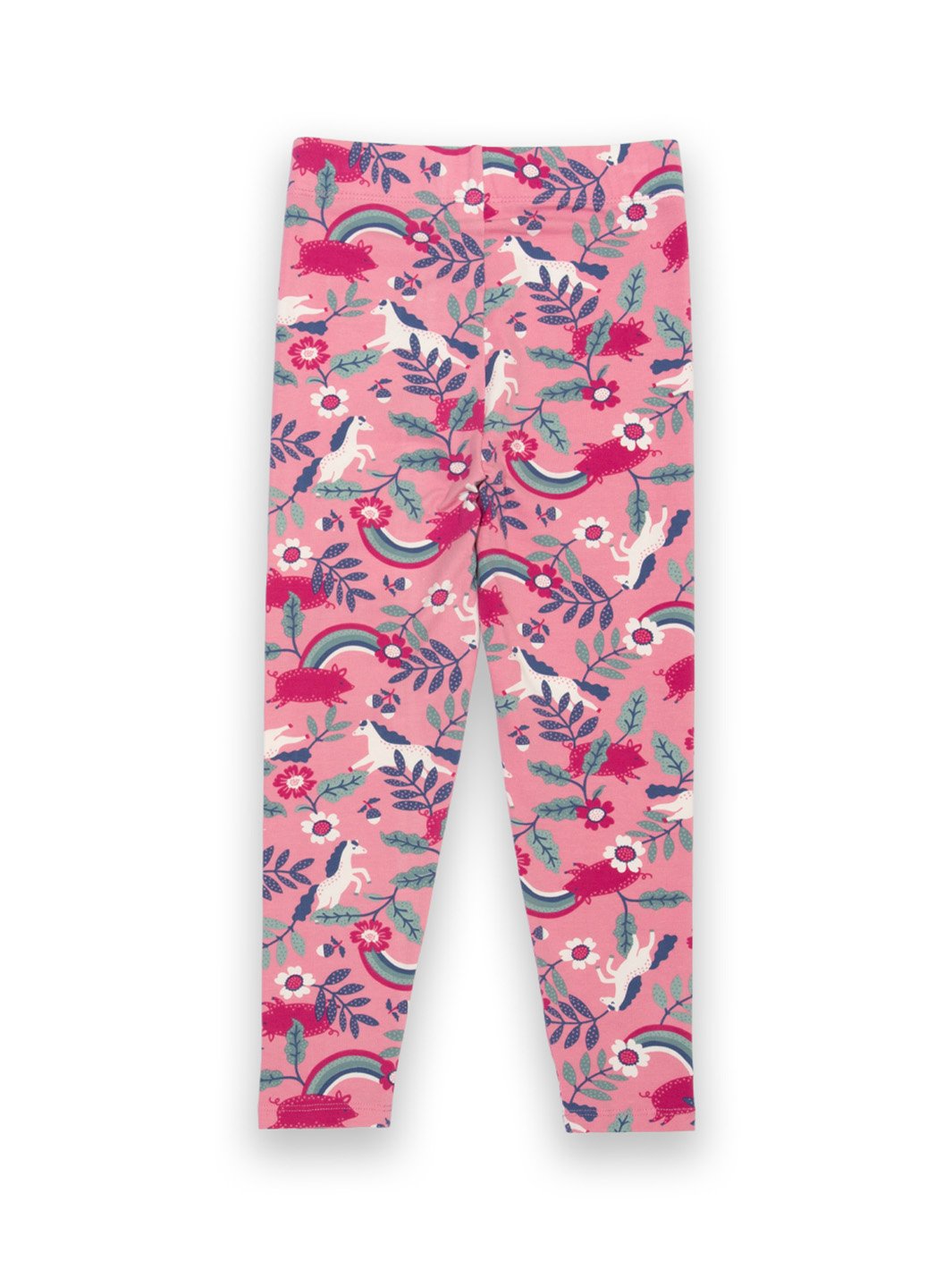 Parte trasera de leggings rosa bebé con estampado de ponys y cerditos sin panel para pañal desde la talla 3 años.