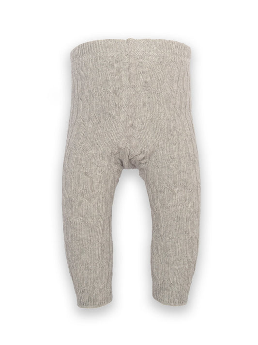 Leggings tejidos en algodón orgánico gris jaspeado con diseño trenzado. Cómodos, elásticos y perfectos para bebés en movimiento.