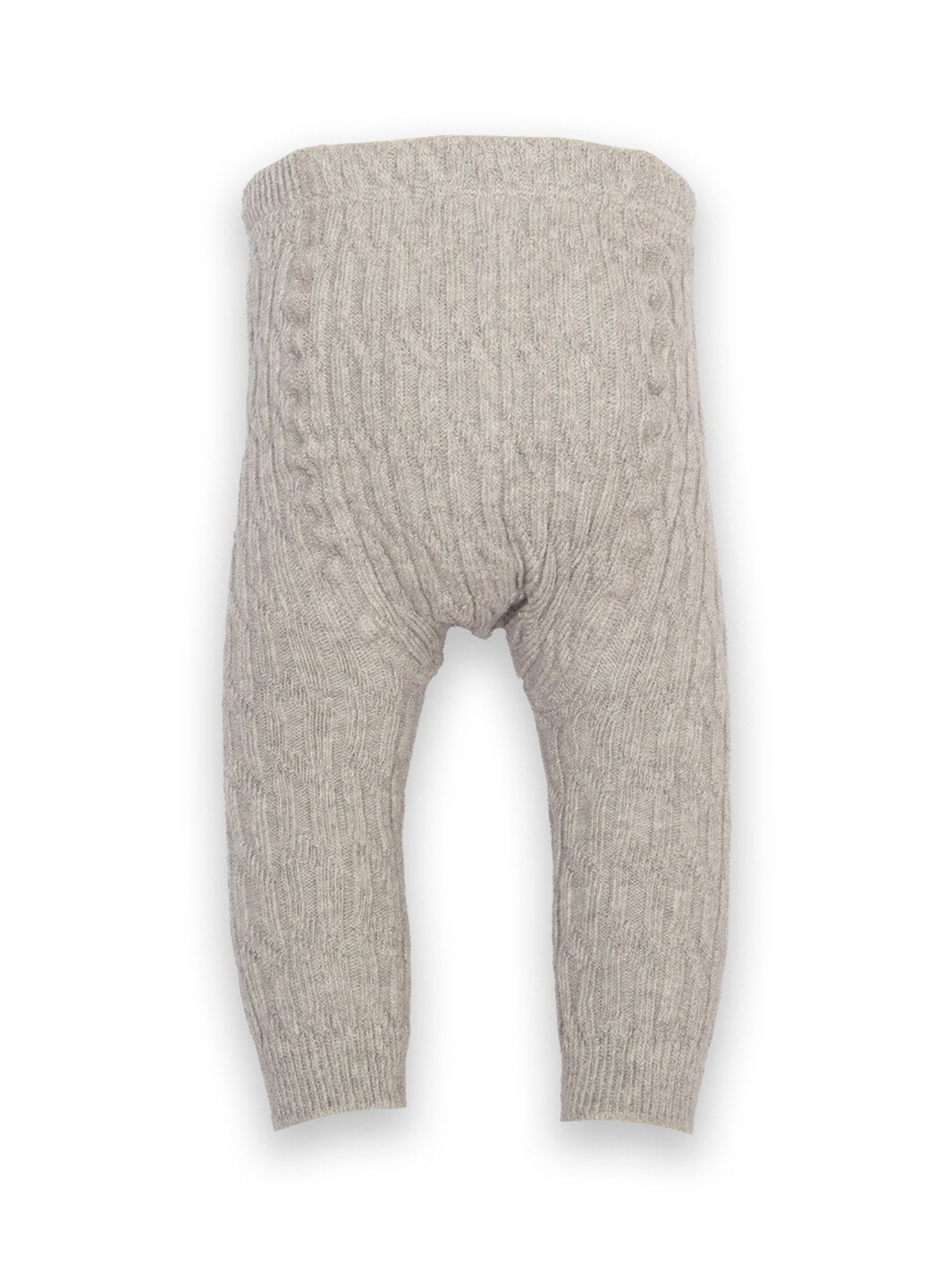 Parte posterior de los leggings tejidos trenzados en gris jaspeado, con cintura y puños elásticos para un ajuste seguro y confortable.