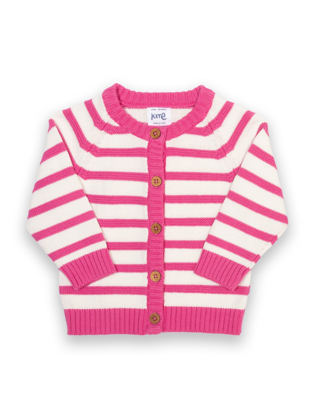 Chaleco tejido de algodón orgánico en rosa con rayas crema, botones de coco y cuello redondo acanalado.