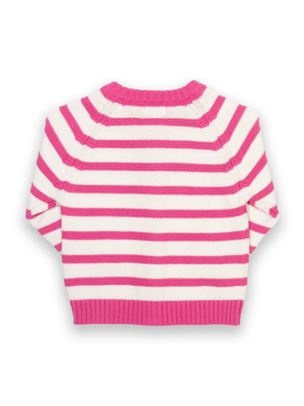 Parte trasera del chaleco rosa con rayas crema, mostrando su diseño clásico y textura en punto de calibre medio.