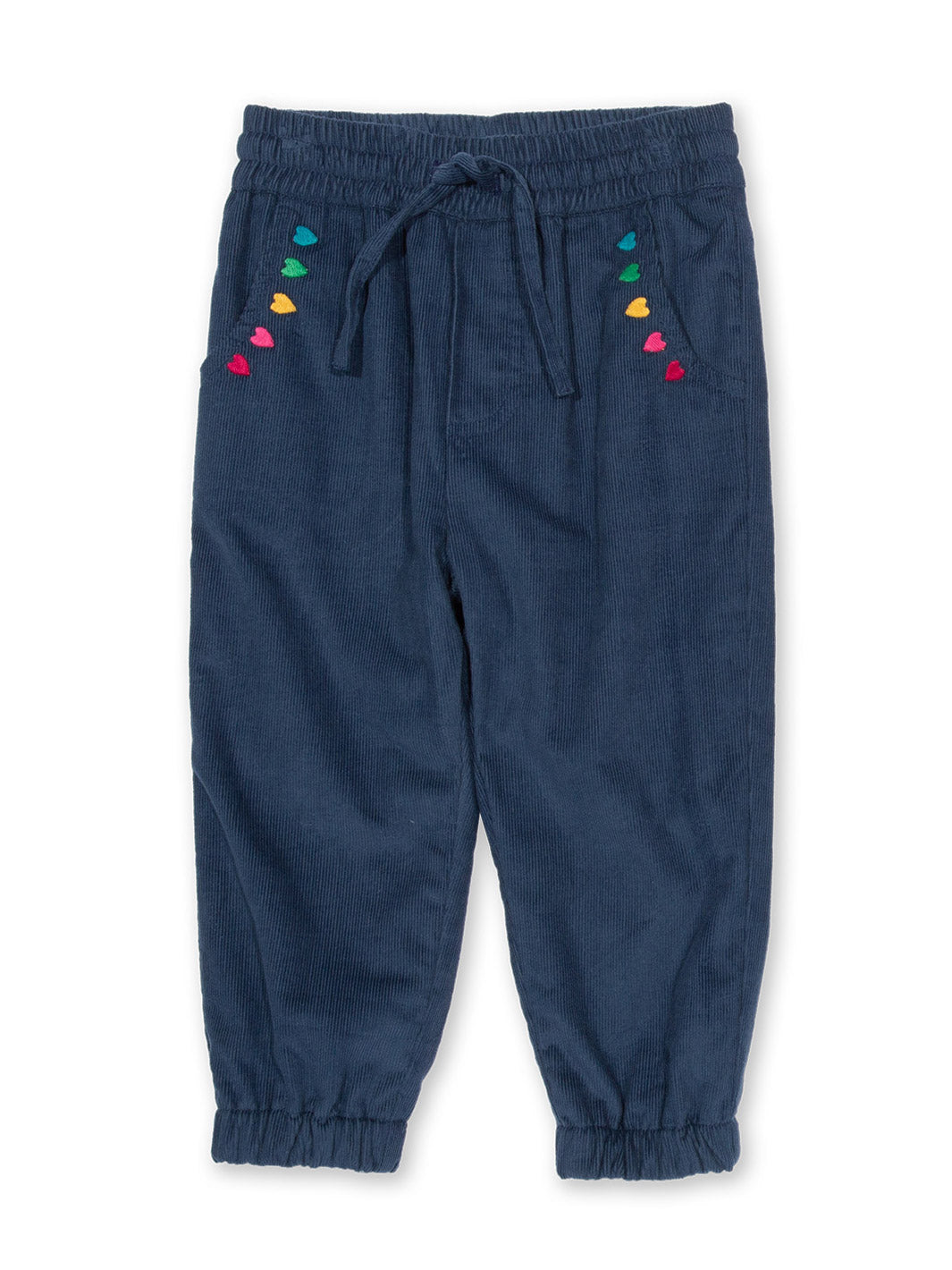 Pantalón Cotelé Corazones de algodón orgánico, azul marino con bordado de corazones, bolsillos y cintura ajustable.