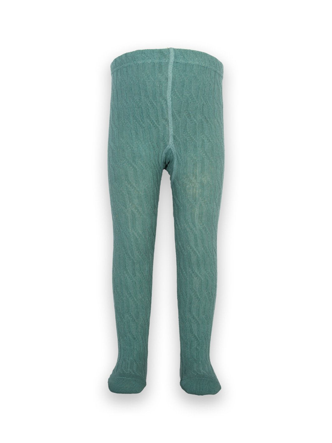 Pantys de algodón orgánico en color verde abeto con diseño de punto trenzado, mostrando su textura detallada y ajuste cómodo para bebés y niños.