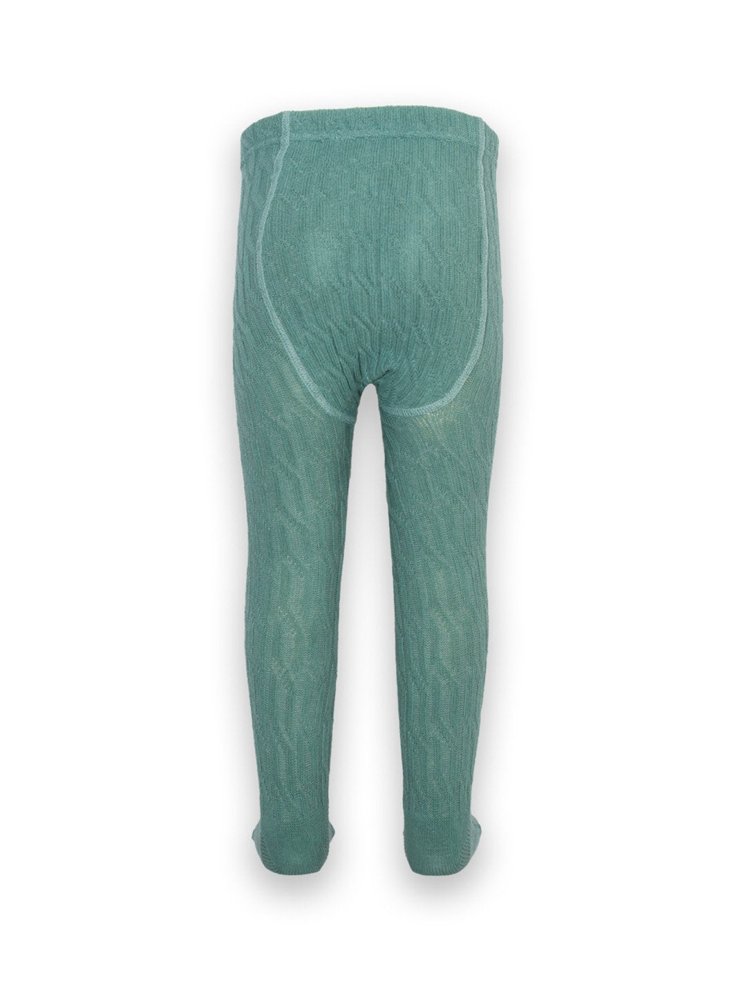 Parte trasera de pantys de algodón orgánico en verde abeto, destacando su ajuste elástico y diseño de punto trenzado.