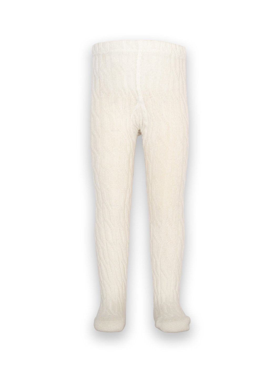 Pantys de algodón orgánico en color crema con diseño de punto trenzado, destacando su textura y ajuste cómodo para bebés y niños.