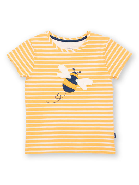 Polera Abeja Reina de algodón orgánico, con rayas amarillo cálido y crema y apliqué de abeja reina