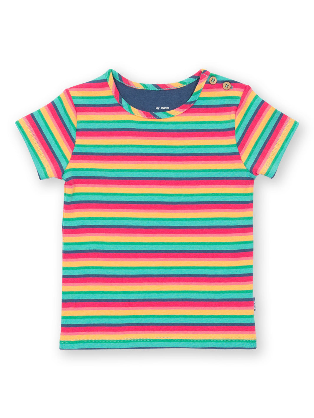 Polera Arcoíris de algodón orgánico, rayas arcoíris en punto costilla, ajuste cómodo y mangas cortas.