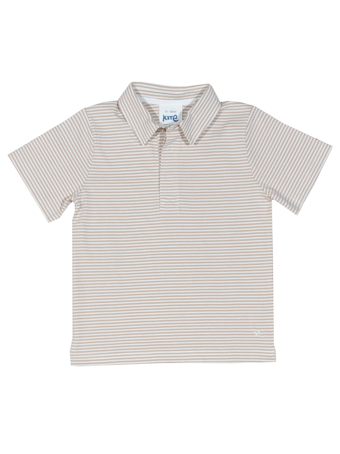 Polera Cuello Polo de algodón orgánico, rayas beige y crema con cuello de dos piezas y botón de coco.