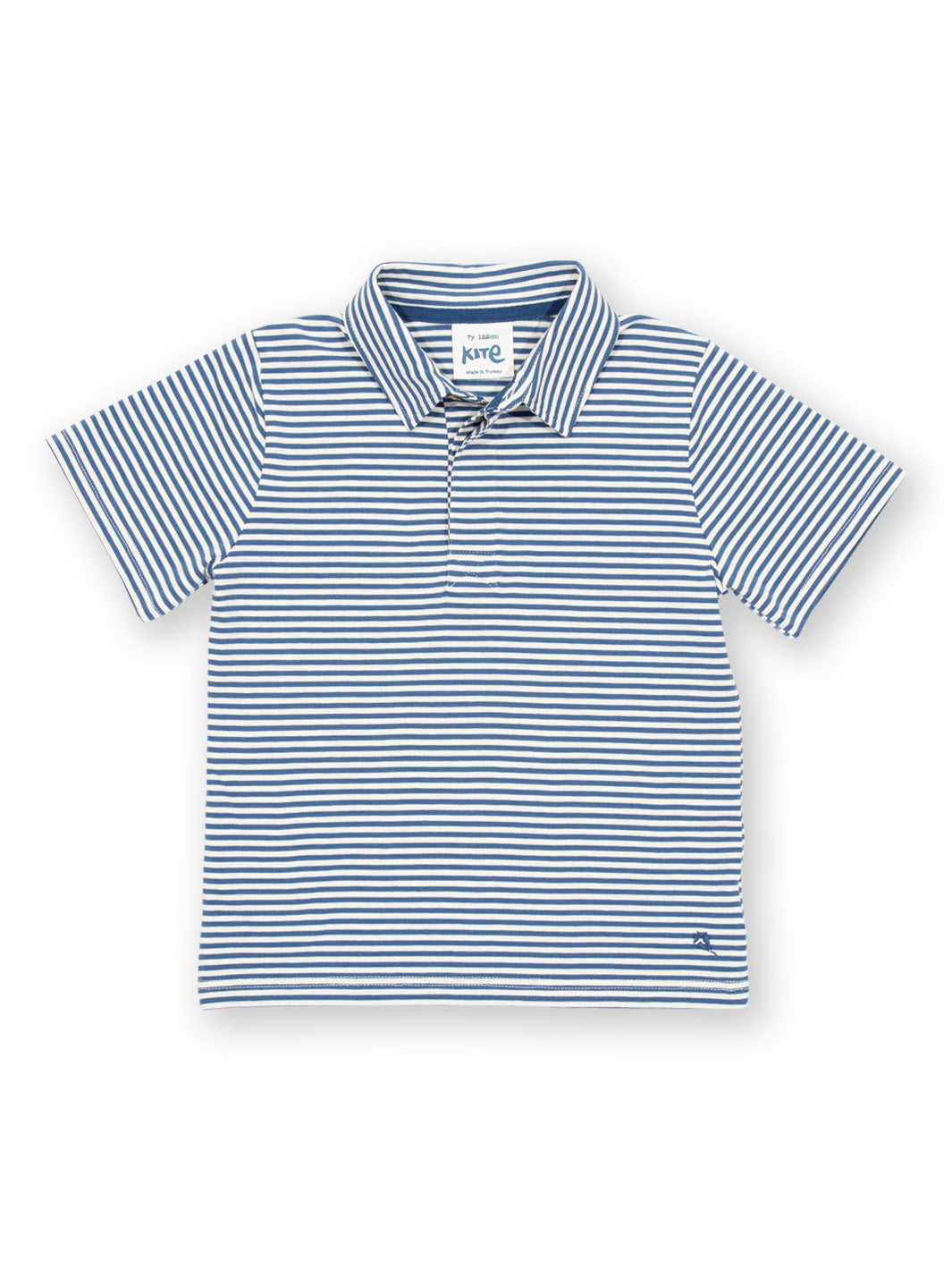 Polera Cuello Polo de algodón orgánico, rayas azul marino y crema con cuello de dos piezas y botón de coco.