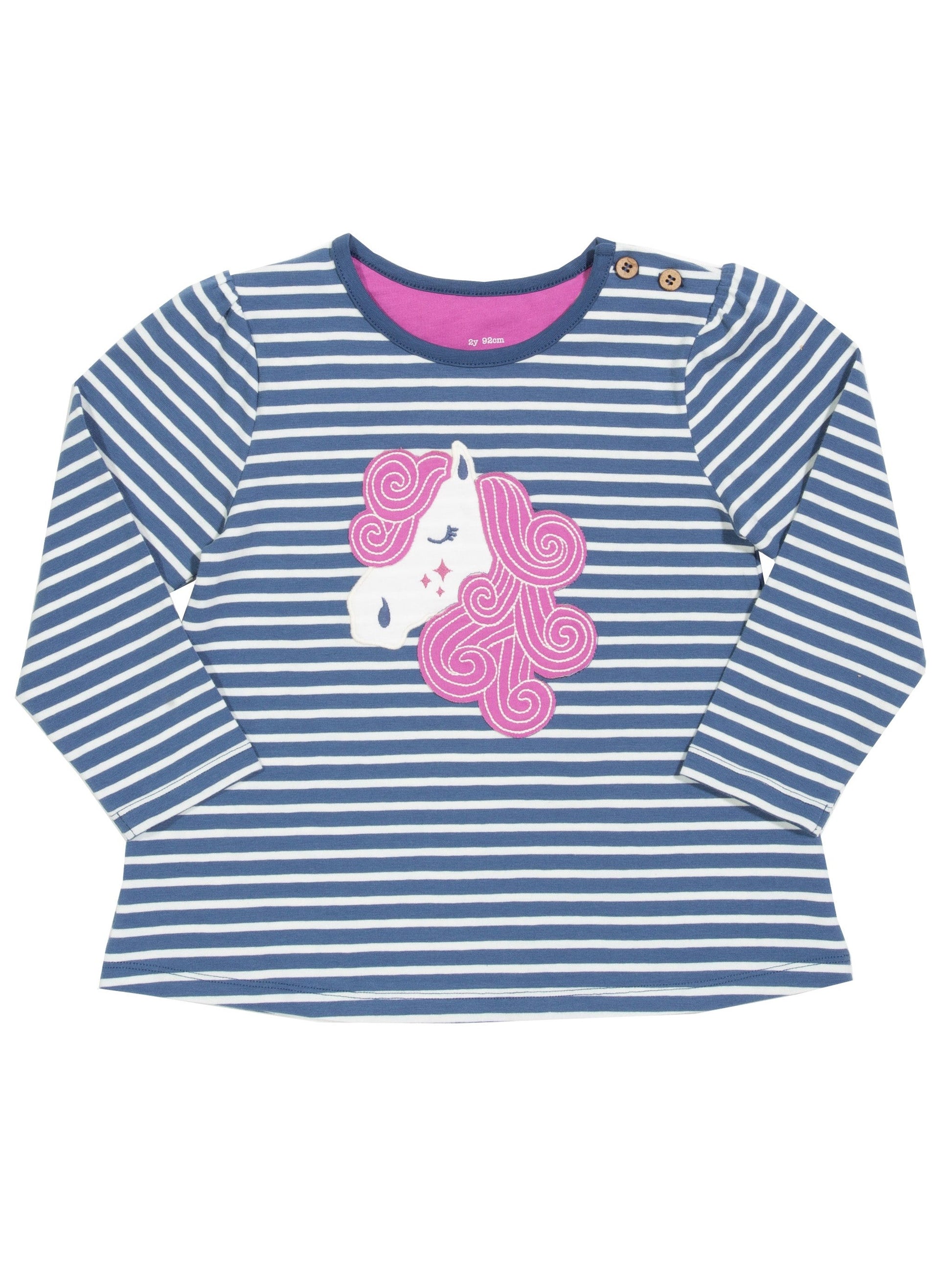 Polera Cuento de Hadas de algodón orgánico, con rayas azul marino y crema y diseño de caballo aplicado
