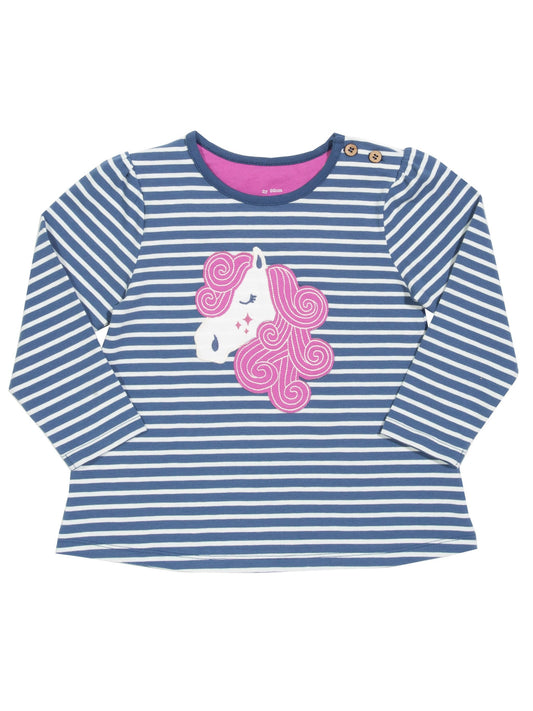 Polera Cuento de Hadas de algodón orgánico, con rayas azul marino y crema y diseño de caballo aplicado