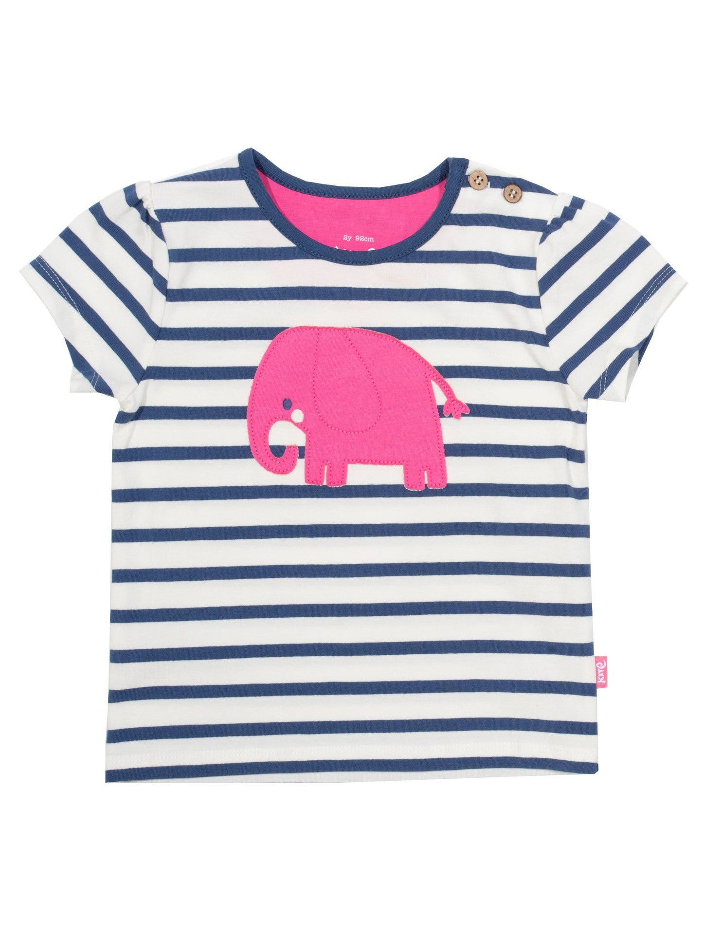 Polera Ele Dot de algodón orgánico, en azul marino y blanco crema con apliqué de elefante rosa.