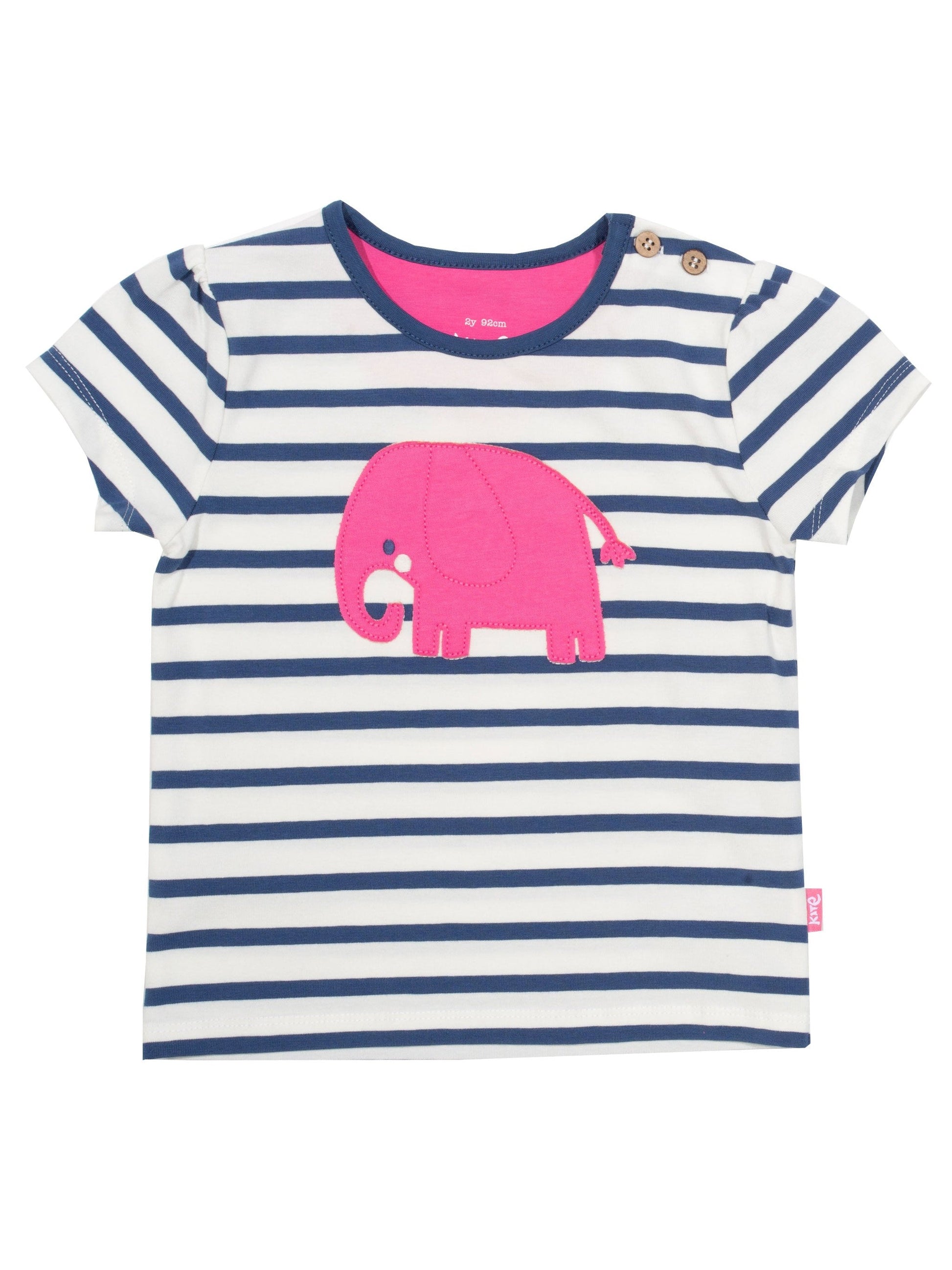 Polera Ele Dot de algodón orgánico, en azul marino y blanco crema con apliqué de elefante rosa.