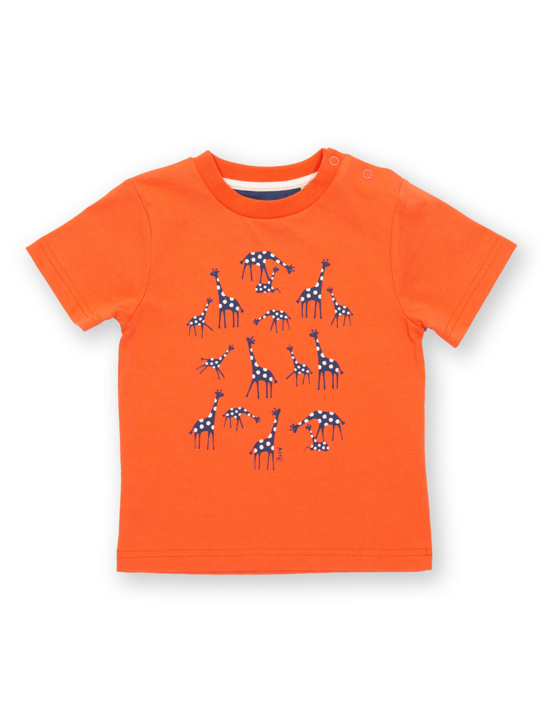 Polera Jirafitas de algodón orgánico, color naranja con estampado de jirafas y manga corta."