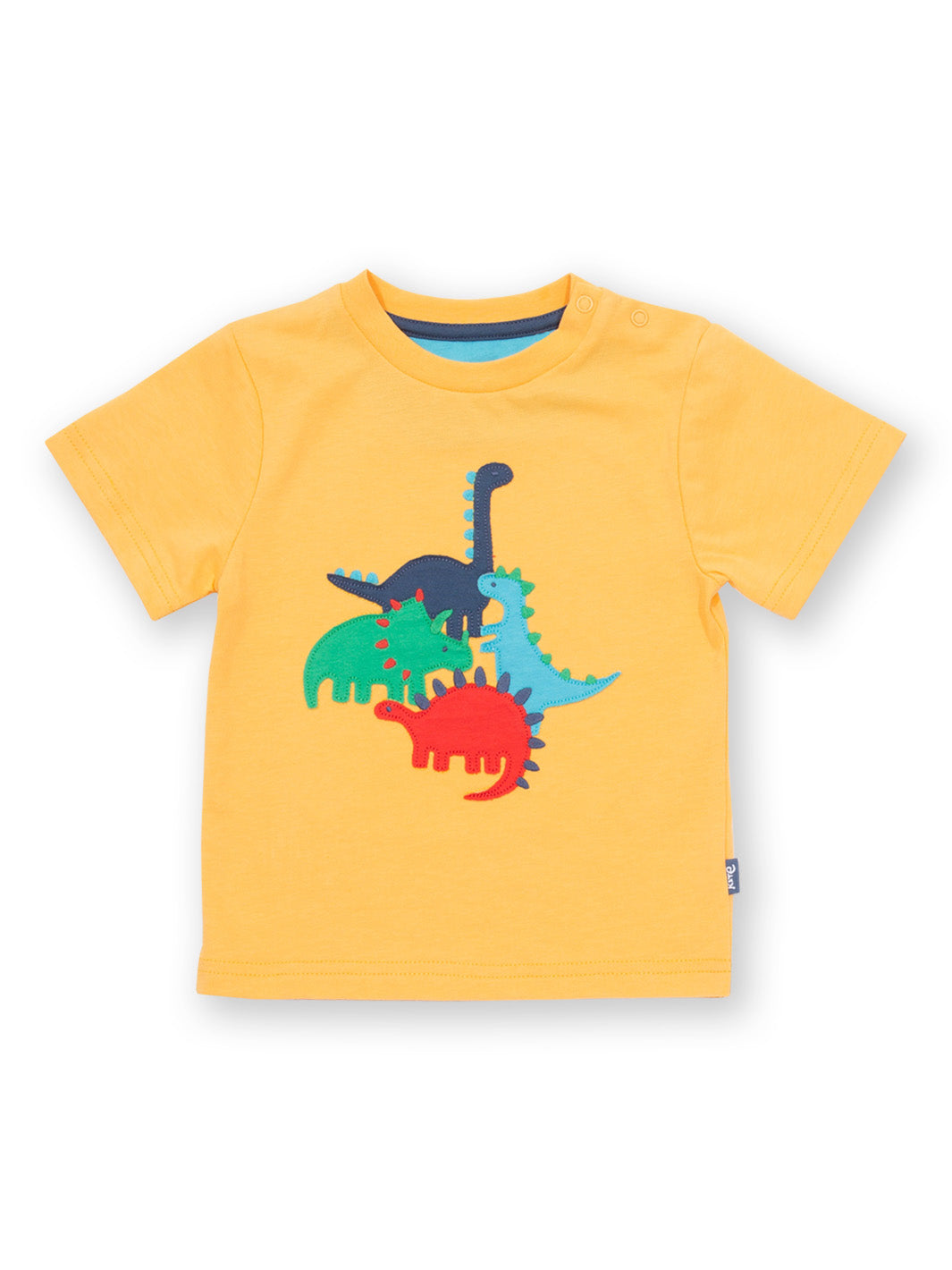 Polera Juego de Dinosaurios de algodón orgánico, amarillo cálido con aplique de dinosaurio y manga corta.