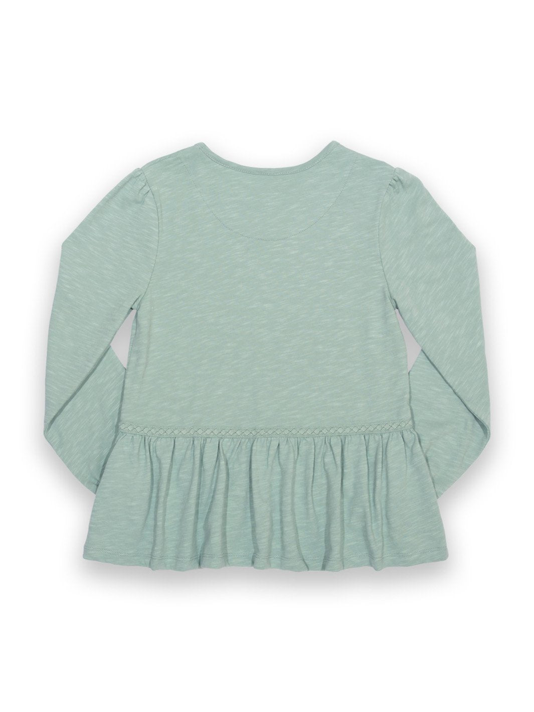 Espalda de la polera estilo túnica en tono verde abeto suave, con acabado liso y sin estampados, resaltando su caída fluida y cómoda.