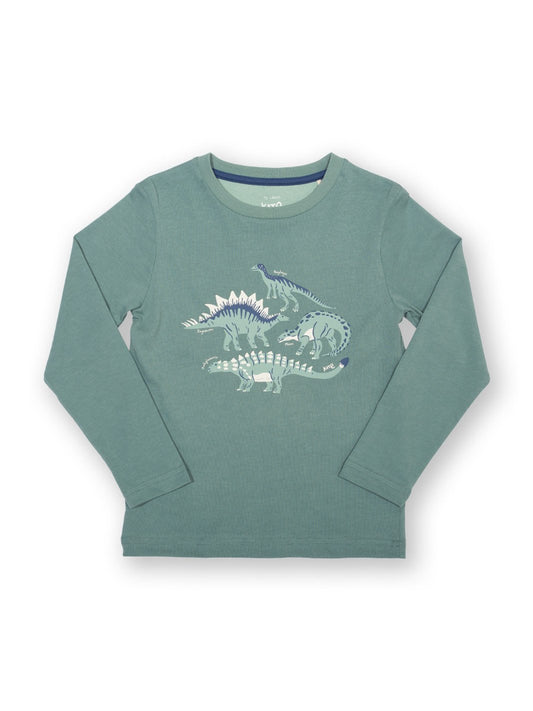 Polera manga larga color verde abeto con estampado de dinosaurios amigables como Panphagia, Ankylosaurus, Stegosaurus y Minmi. Diseño divertido y educativo en algodón orgánico.