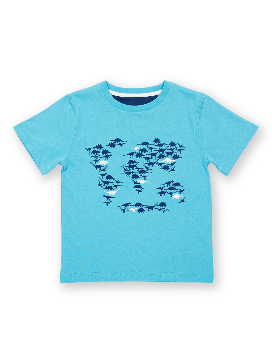 Polera Mundo Dinosaurio de algodón orgánico, color celeste con estampado de mapa de dinosaurios.