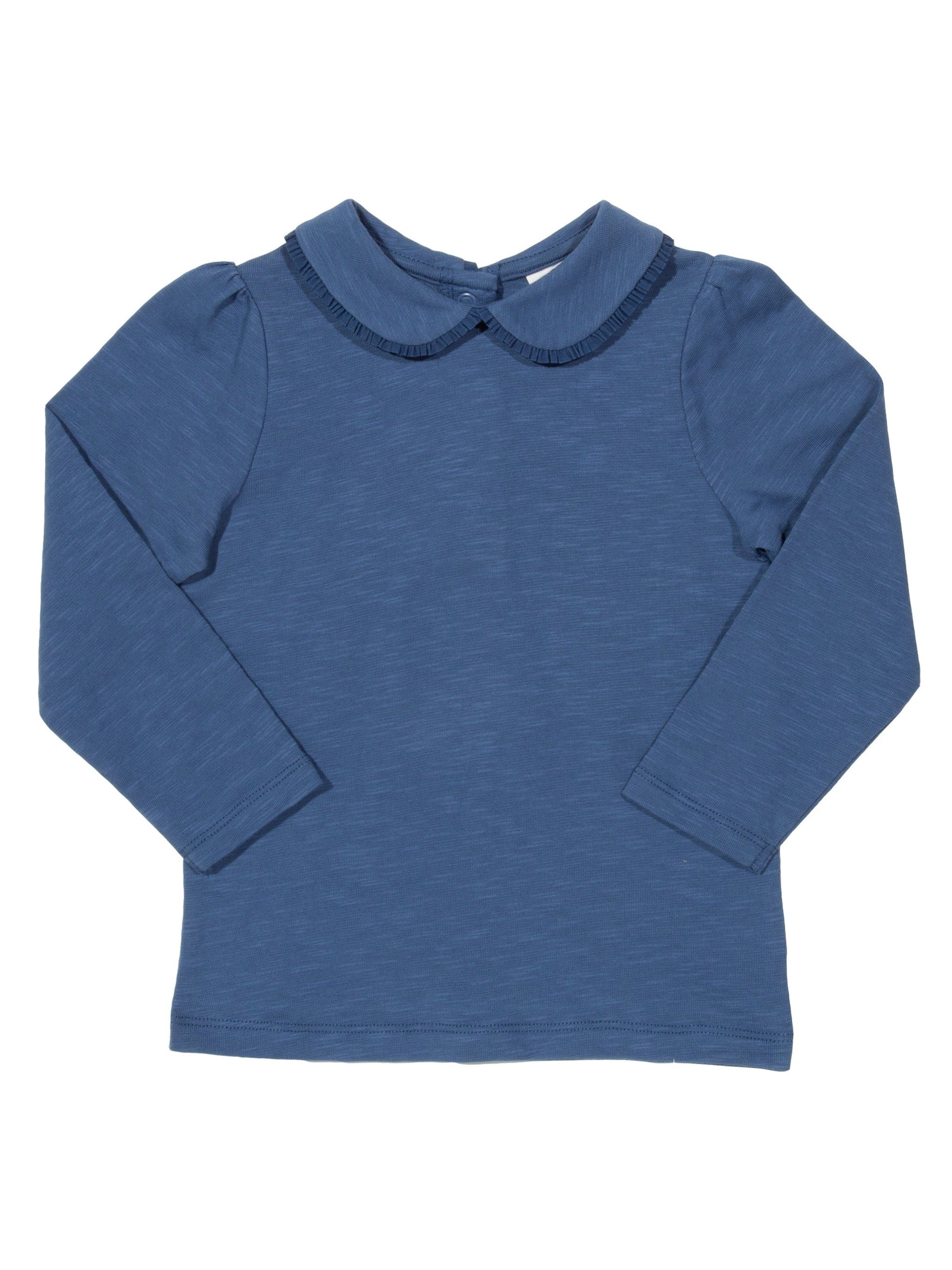 Polera Peter Pan de algodón orgánico, en azul marino con cuello de puntilla y manga larga.