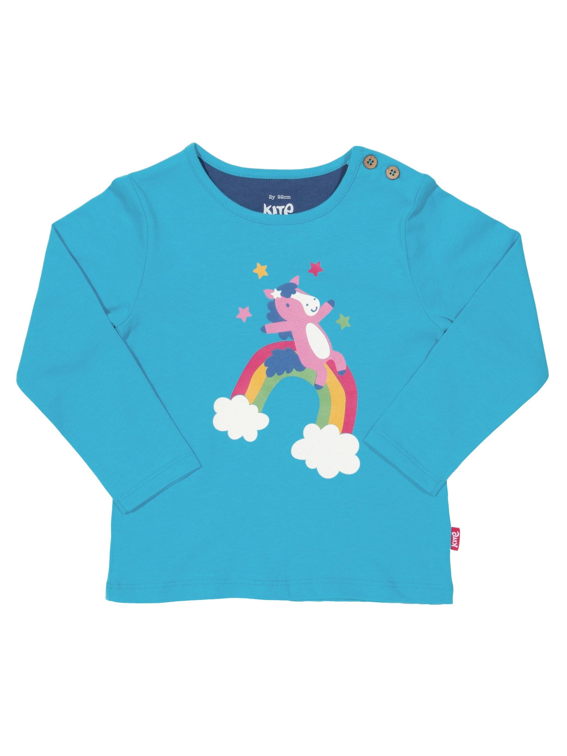 Polera Pony Arcoíris de algodón orgánico, azul cielo con estampado de pony y arcoíris.