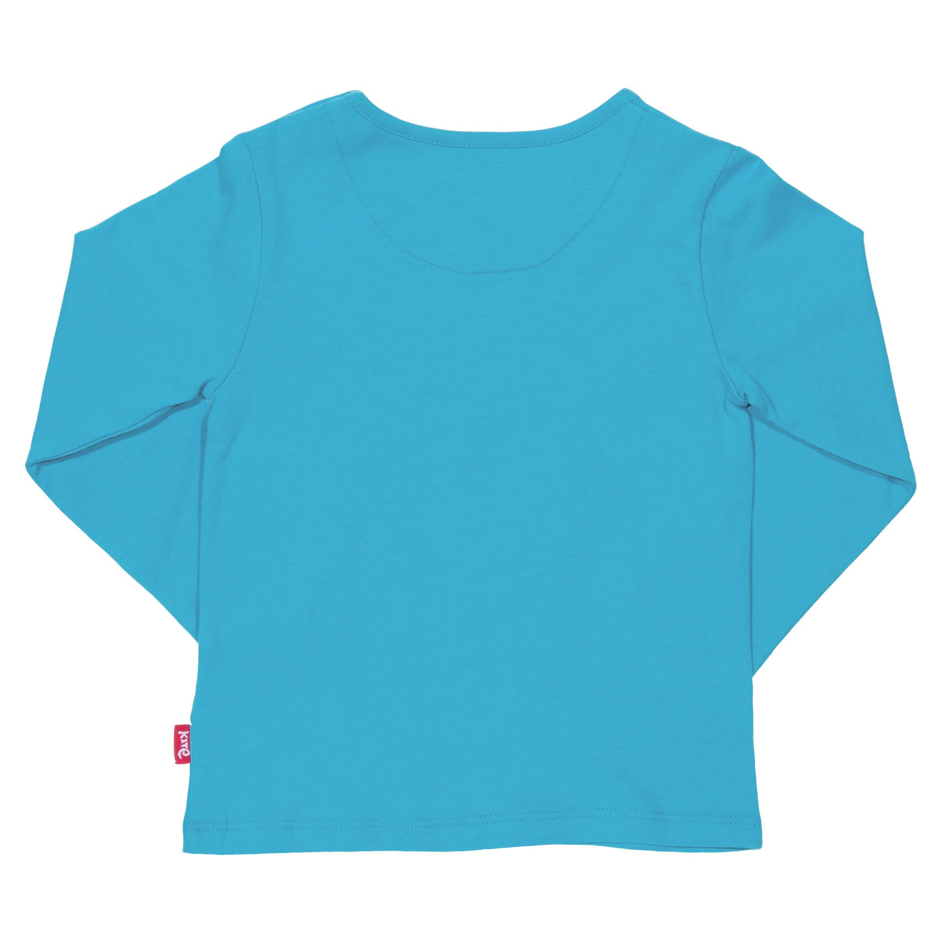 Vista trasera de la Polera Pony Arcoíris, camiseta infantil azul cielo de manga larga en algodón orgánico.