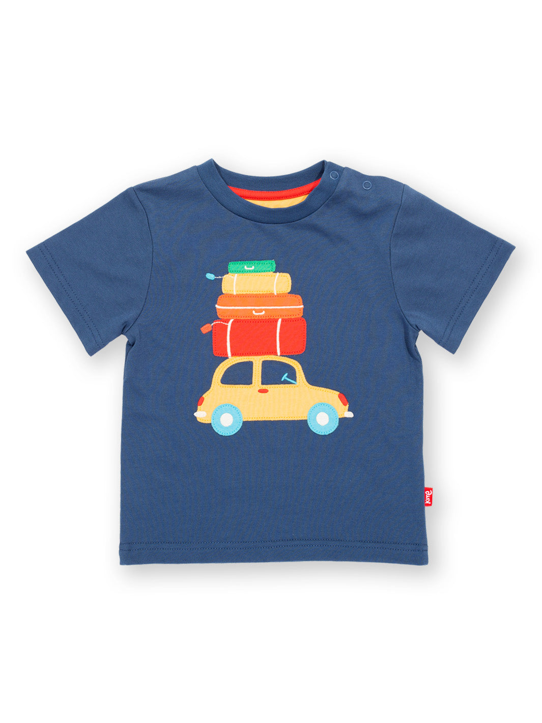 Polera Vacaciones de algodón orgánico, azul marino con aplique de automóviles y manga corta.