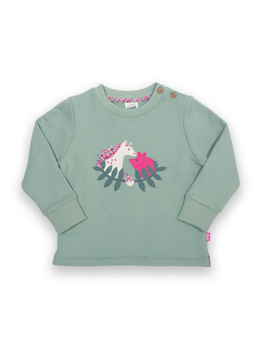 Polerón de algodón orgánico verde abeto suave con aplicación de cerdito y caballo, cuello redondo y puños acanalados, con botones de coco hasta la talla 6 años.