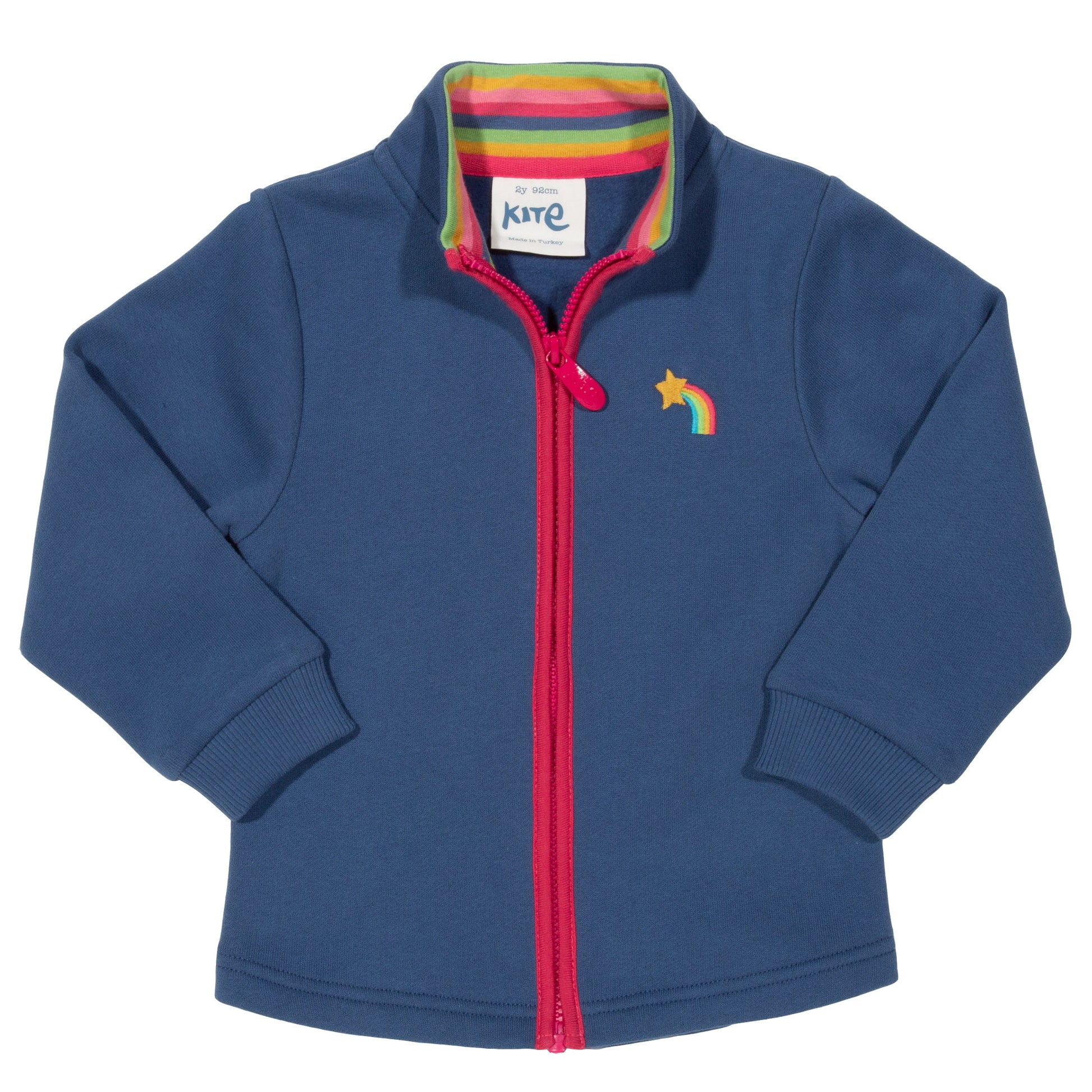Polerón Detalles de Amor de algodón orgánico, con cuello estampado, detalle de estrella arcoiris y cierre frontal.