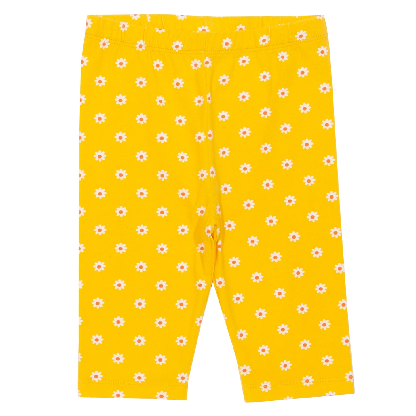 Calzas 3/4 de algodón orgánico en amarillo con estampado de margaritas, diseño cómodo y primaveral.