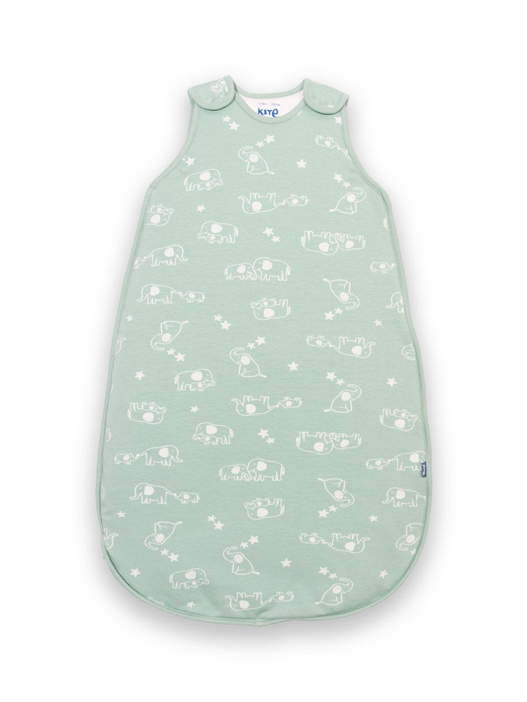 Saco de dormir de algodón orgánico color verde abeto suave con estampado Ele y yo, cierre bidireccional y broches en los hombros.
