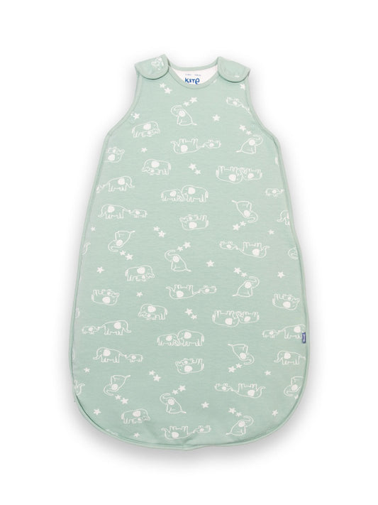 Saco de dormir de algodón orgánico color verde abeto suave con estampado Ele y yo, cierre bidireccional y broches en los hombros.