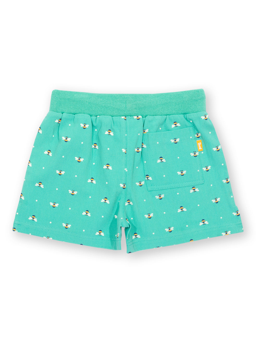 Parte trasera del short verde menta con estampado de abejas reinas, bolsillo trasero práctico y cintura elástica para mayor comodidad