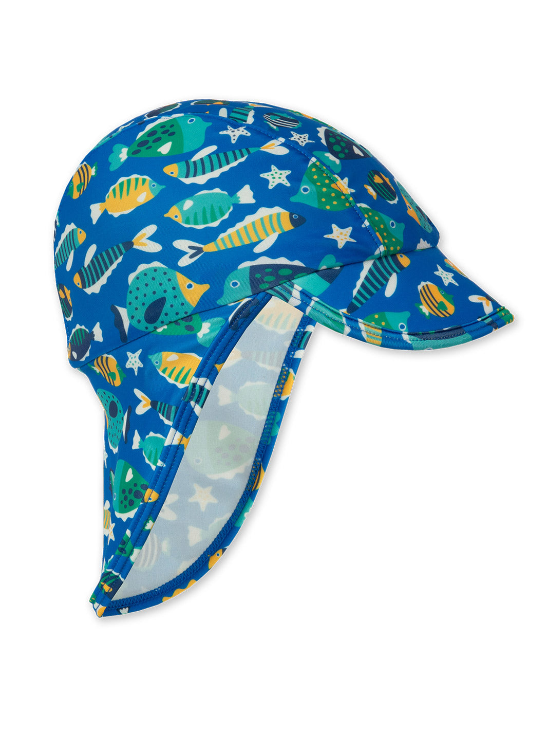 Sombrero de protección solar UPF 50+ para niños, diseño legionario con cobertura extendida en el cuello, estampado de pececitos en tela reciclada certificada OEKO-TEX.