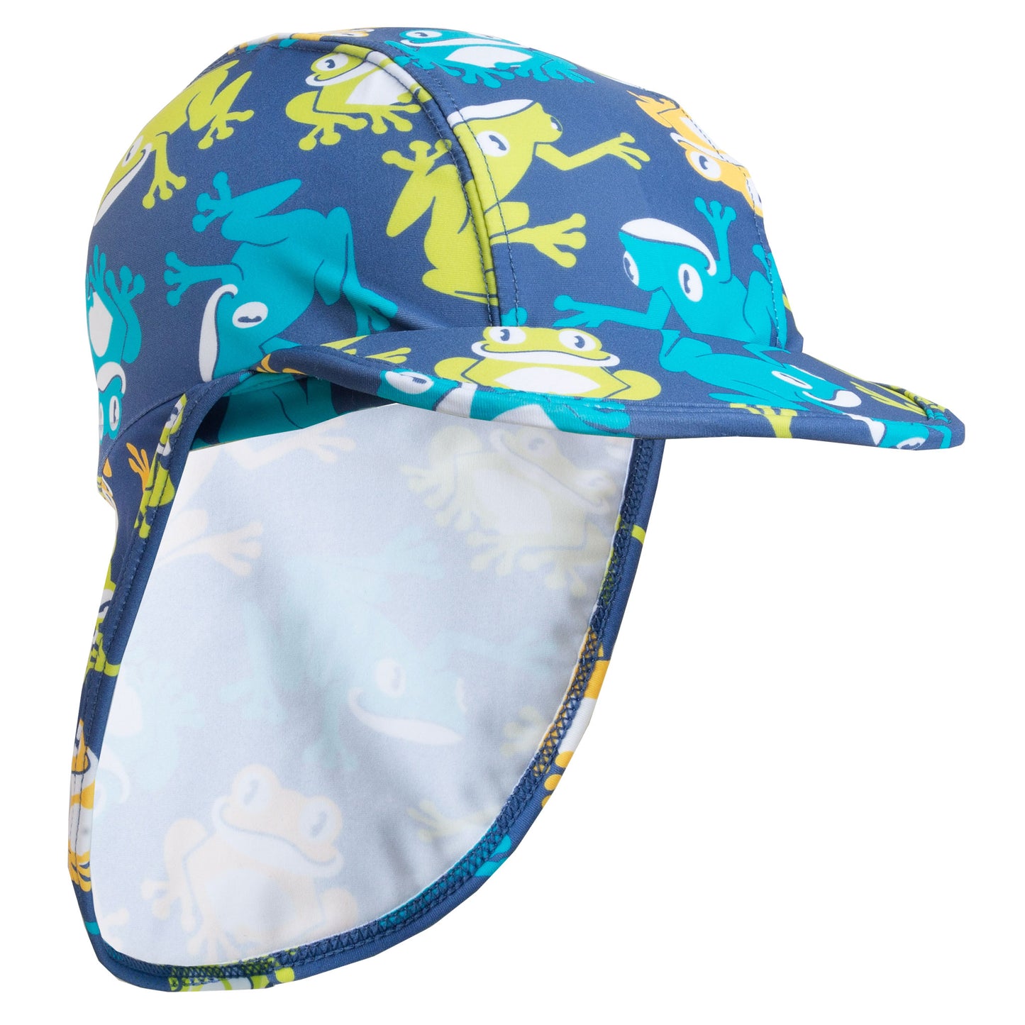 Sombrero de protección solar UPF 50+ para niños, diseño legionario con cobertura extendida en el cuello, estampado de ranitas en tela reciclada certificada OEKO-TEX.