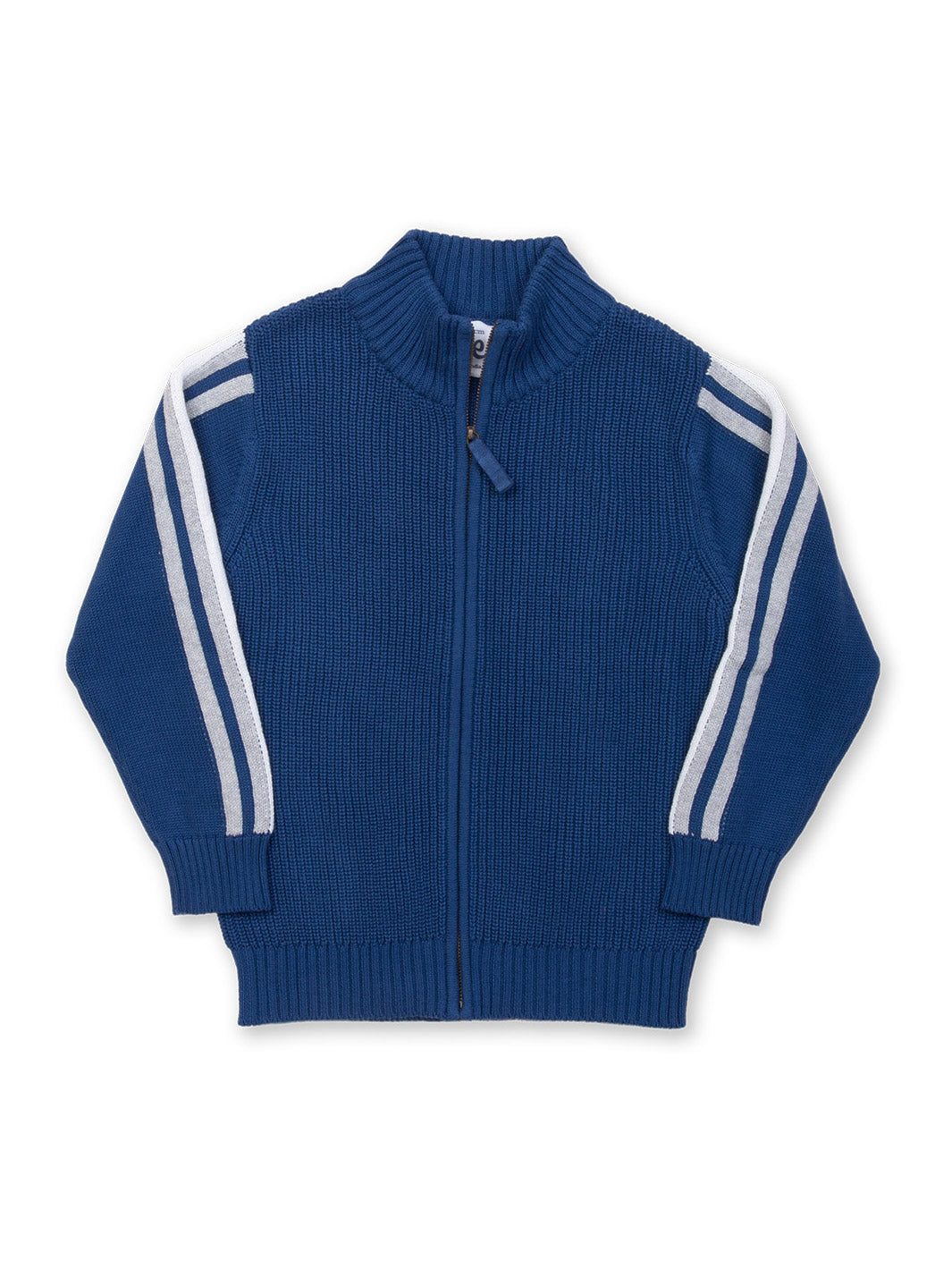 Sweater Punto Grueso de algodón orgánico, en azul marino con rayas blancas y grises en los brazos.