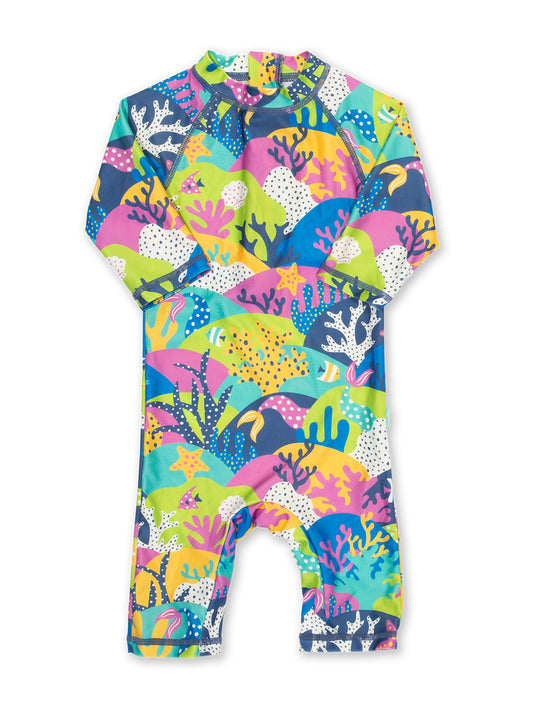 Traje de baño entero arrecifes con estampado de coral y protección UPF 50+, cierre en la espalda y mangas 3/4.