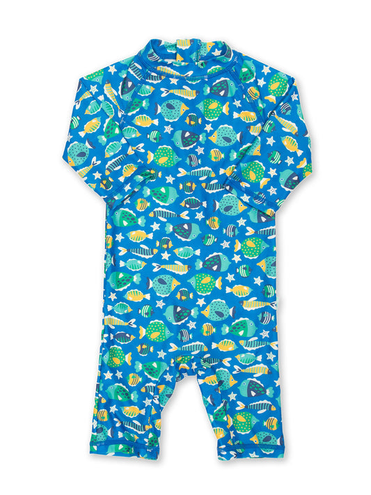 Traje de baño entero Pececitos con estampado de peces y protección UPF 50+, cierre en la espalda y mangas 3/4.